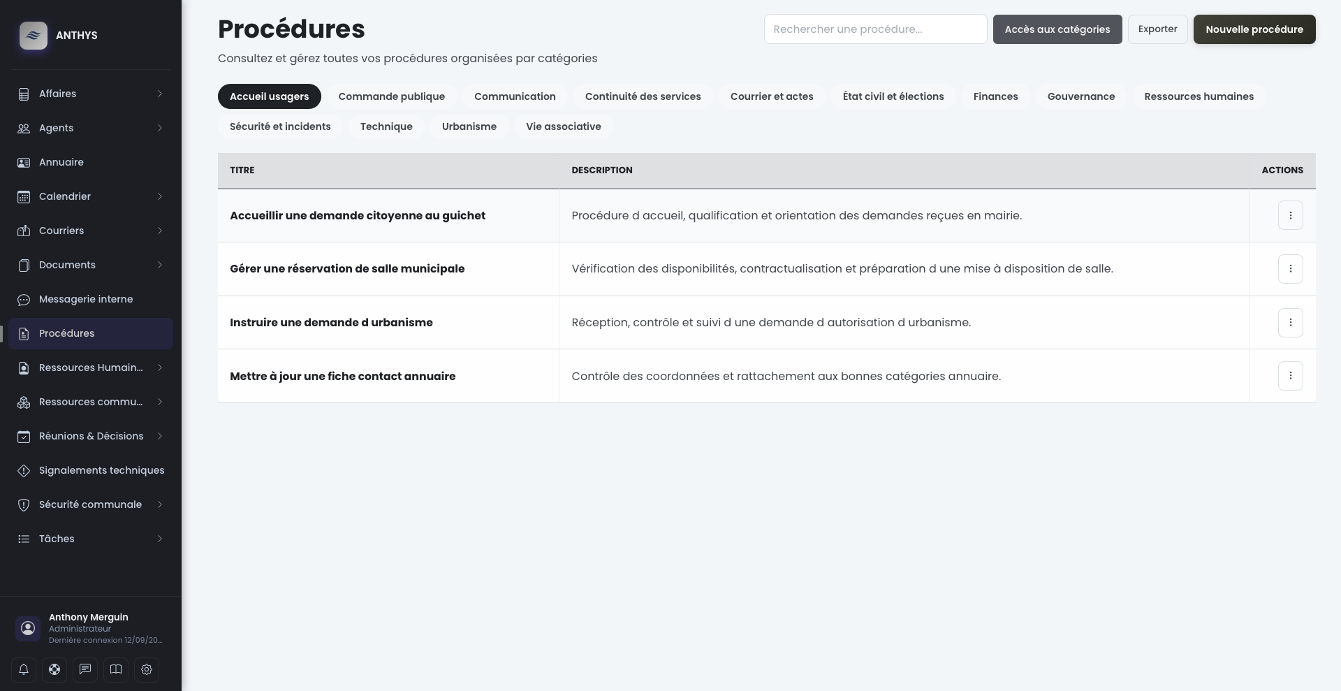 Vue principale des procédures avec catégories, recherche et résultats