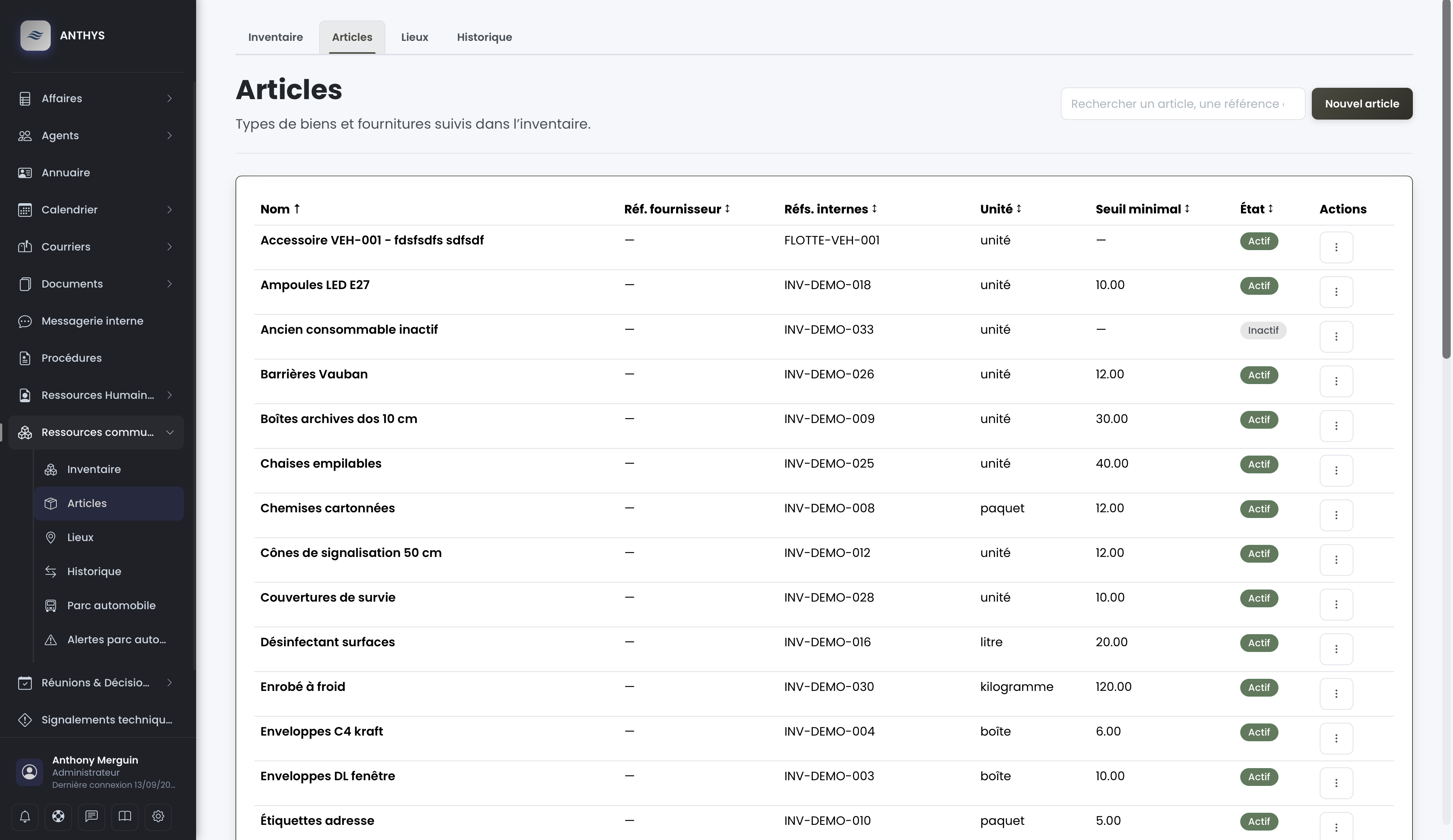Gestion des articles et des lieux de stockage