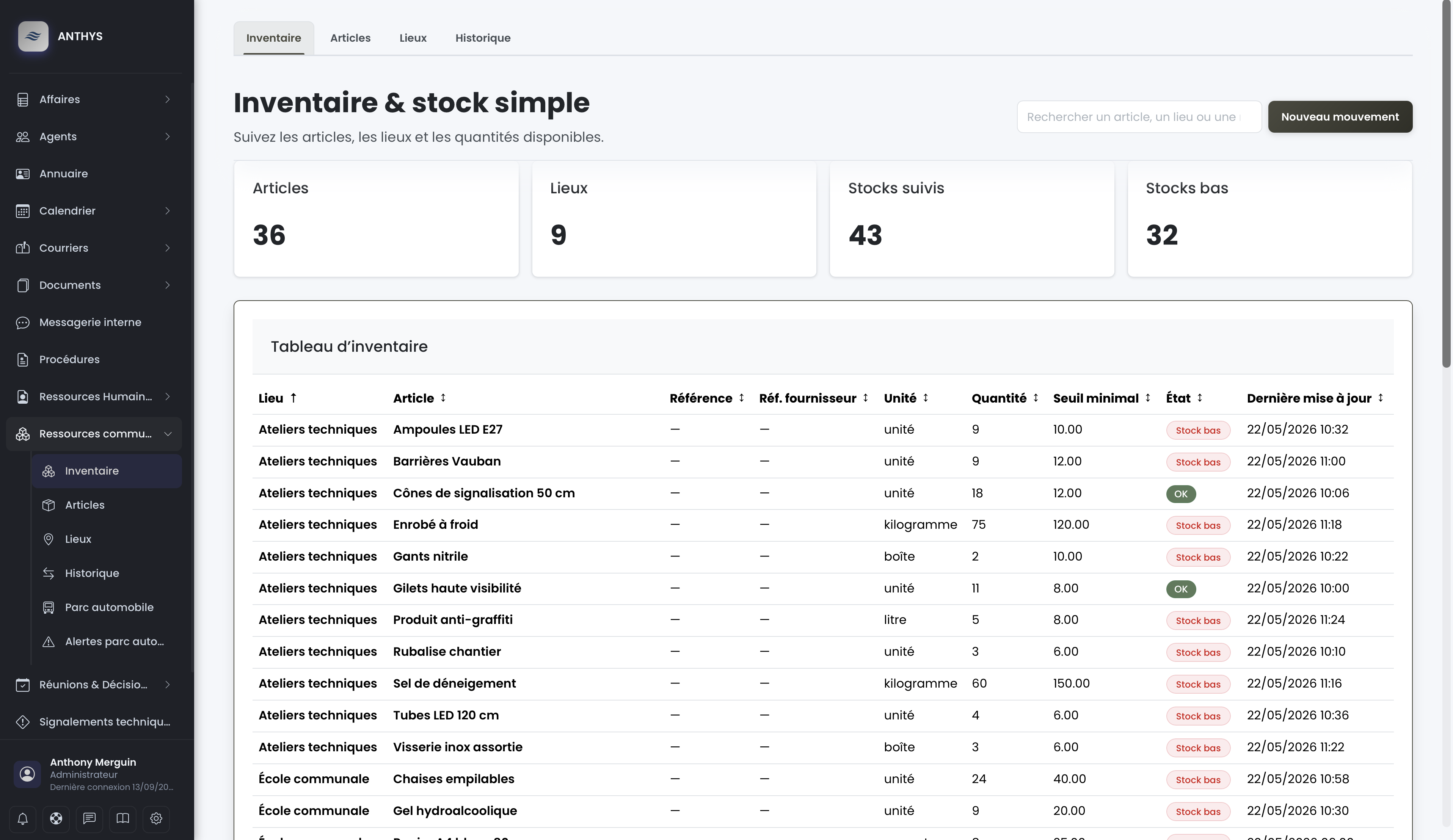 Liste des stocks disponibles classés par lieu