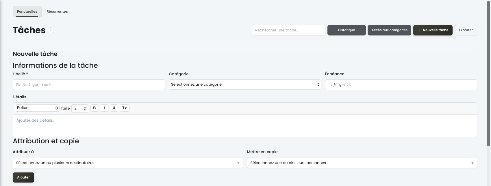 Création ou modification d’une tâche avec attribution et échéance